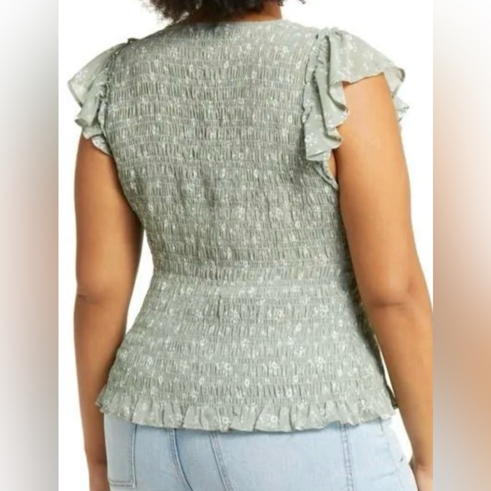 NWT Madewell Lucie V-Neck Smocked Top in Cottage Garden, Size 28W, green boho - Picture 2 of 14